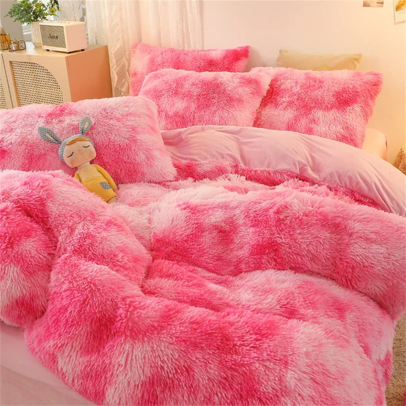 Gusuhome Faux Fur Plush Comforter Set Full/Queen Tie Dye Pink White Shaggy Fluffy Fuzzy Comforter Luxury Ultra Soft Microfiber Bedding Set 3 Pieces (Comforter x 1 Pillowcases x 2) … - Image 4
